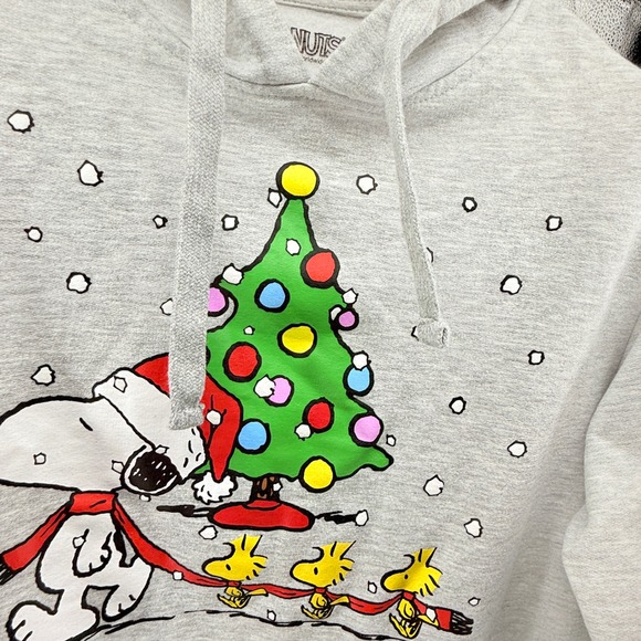 Peanuts Snoopy Christmas Tree Woodstock Hoodie Sweatshirt Light Gray Pullover L - Picture 3 of 9
